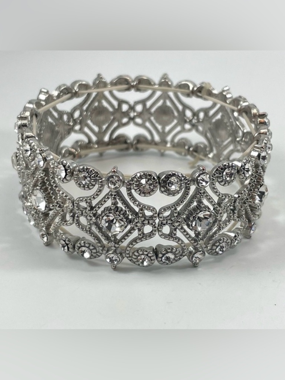 Elegant White Glass Rhinestone Silver Tone Metal Filigree Stretch Bracelet